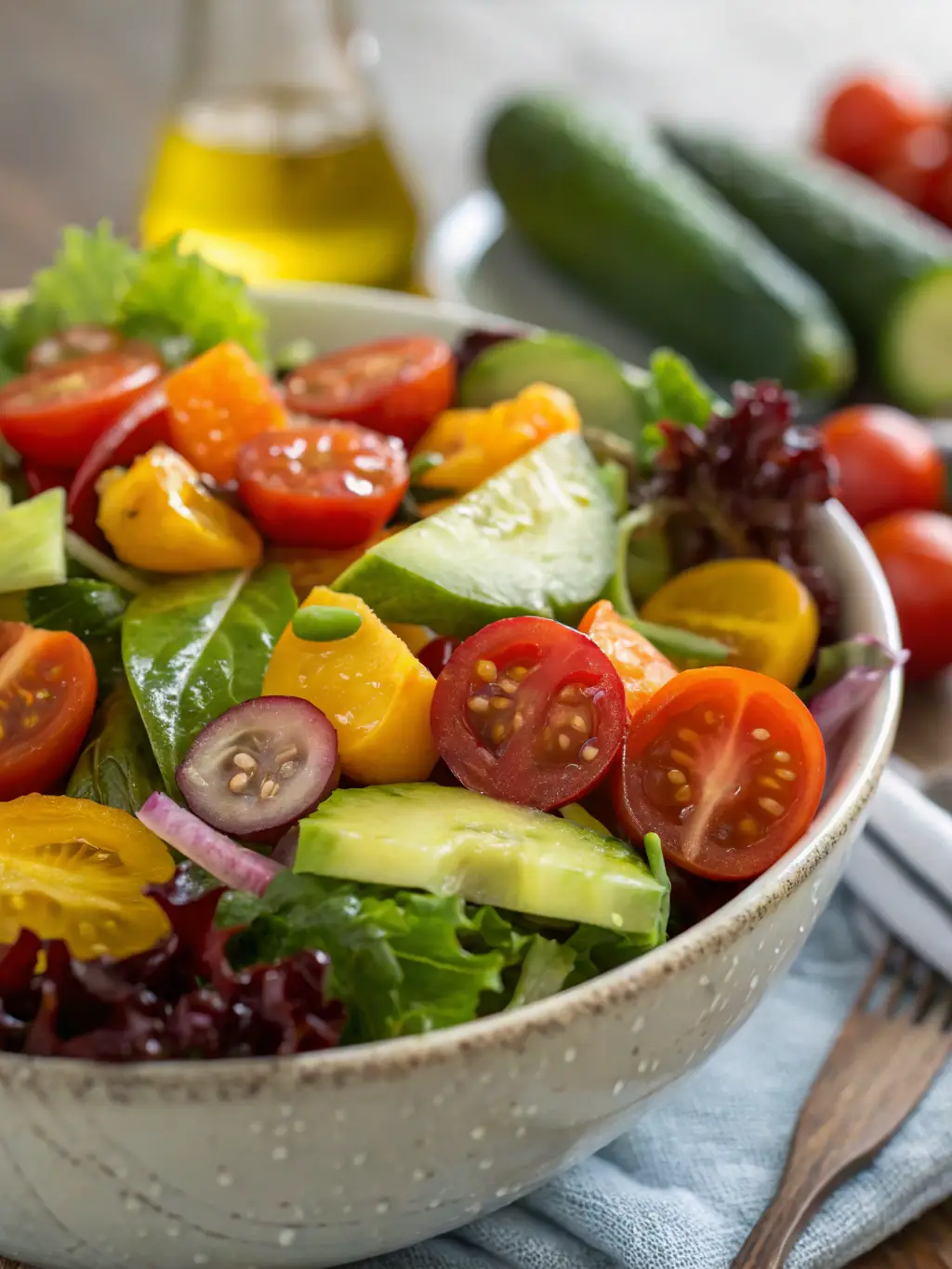 A close-up shot of a hearty and nutritious lunch, such as a large salad with grains, beans, and colorful vegetables, showcasing a balanced and affordable midday meal.