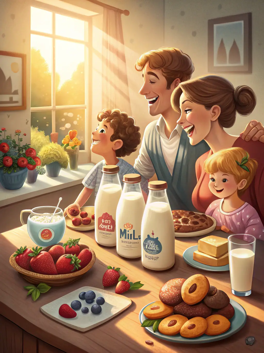 A vibrant image of a breakfast spread featuring pancakes, fruits, and a pitcher of milk, emphasizing a hearty and affordable family breakfast.