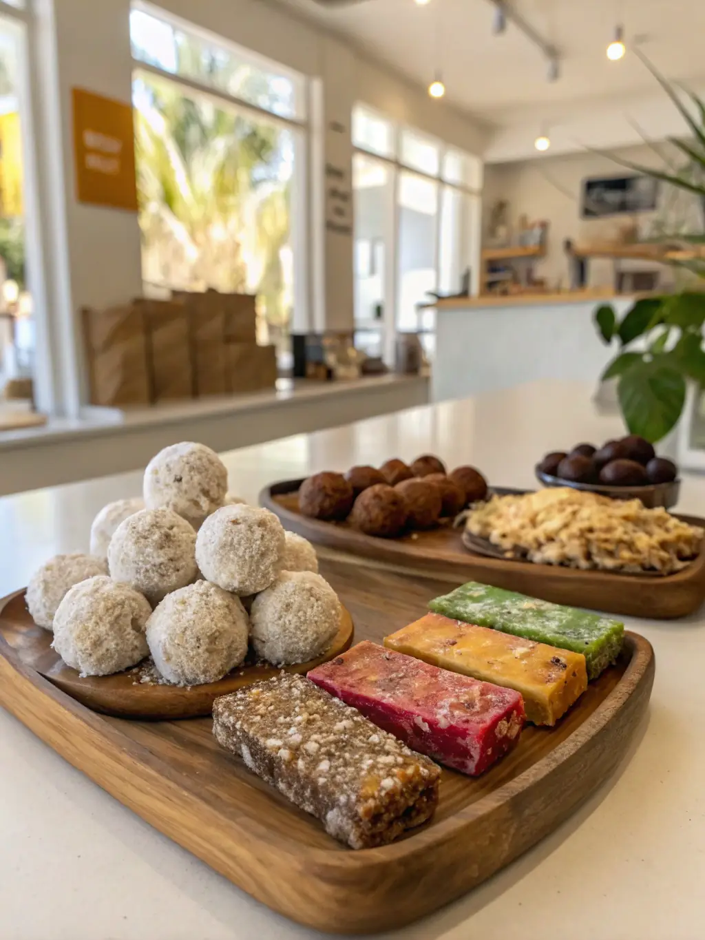 An assortment of healthy and affordable snacks, such as homemade granola bars, fruit slices, and yogurt parfaits, emphasizing nutritious snacking options.